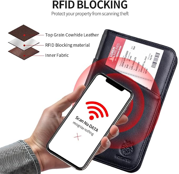 Passport Holder for Travel Family with Strap Genuine Leather RFID Blocking Travel Document Organizer Wallet with Pen Holder, Black - Image 3