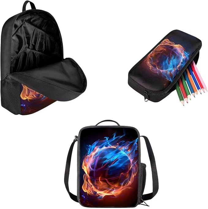 Mumeson Backpack Schoolbag Student Rucksack for Girl Boys,Basketball Backpack Large Capacity Organizer Book Bags with Insulated Thermal Lunch Bag Small Pencase - Image 2