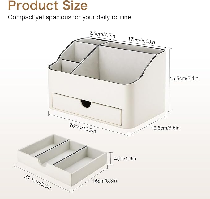 KINGFOM PU Leather Makeup Organizer with Drawer, Skincare Organizer for Vanity, Cosmetic Storage for Dresser Countertop, Beauty Holder for Lipstick Brush Skincare (Ivory White) - Image 3