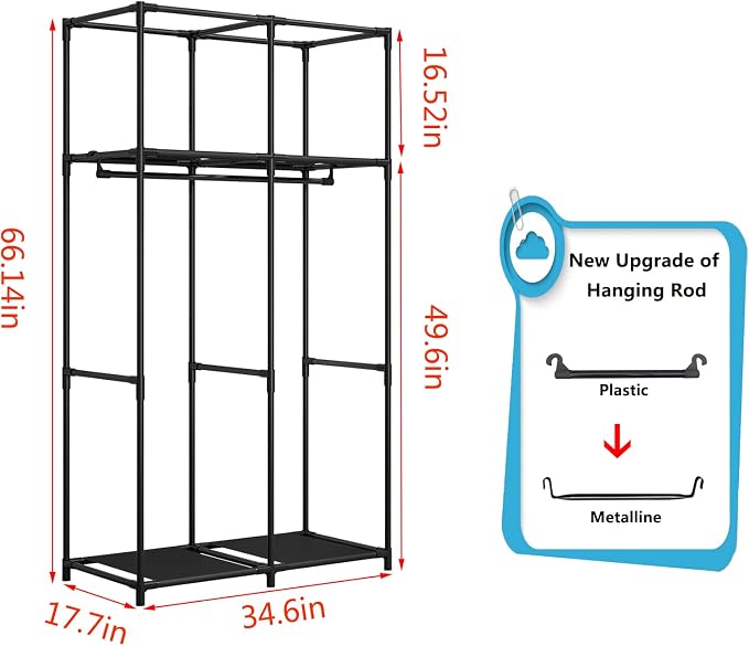 SORCEDAS Portable Wardrobe Closet Storage Organizer Metal Hanging Rack Non-Woven Fabric 34 Inch Coffee (34 Inch, Coffee) - Image 5