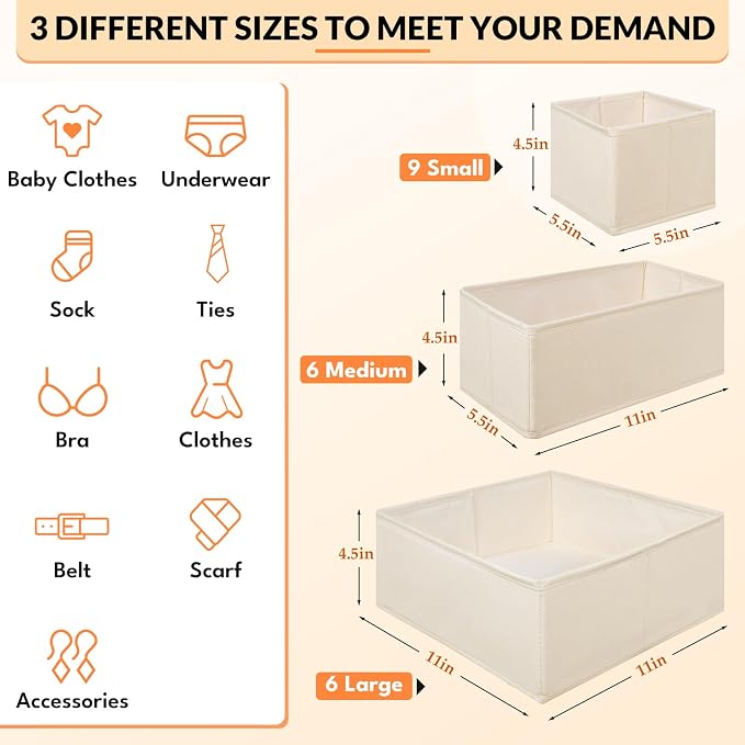 FANS-ONE Natural Linen Drawer Organizer Clothes - 21 Pack 3 Size, Beige | Foldable, Dresser Organizer for Baby Clothes, Underwear, Socks, Storage Bins for Nursery, Bedroom - Image 3