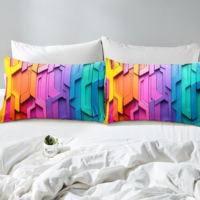 Erosebridal Rainbow Comforter Set Geometric Stripes Duvet Sets for Kids Girls Teens Women Bedroom, Soft Microfiber Down Comforter Luxury All-Season Bedding Set 2 Pcs with 1 Pillow Case, Twin Size - Image 7
