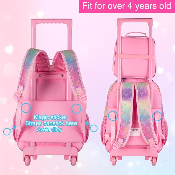 HPJGD 3PCS Mermaid Rolling Backpack for Girls, Kids School Backpacks with Wheels, Water Resistant UV Printed Roller Wheeled Bookbag Set with Lunch Box - Image 7