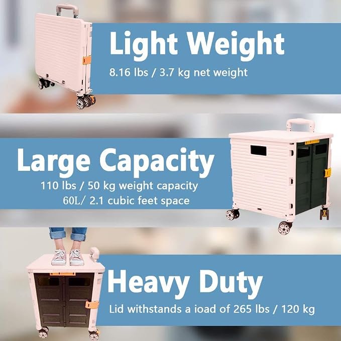Foldable Utility Cart Portable Rolling Crate Handcart Shopping Trolley Collapsible 4 Rotate Wheels with Durable Heavy Duty Plastic Telescoping Handle for Travel Shopping Moving Storage Office Use - Image 3