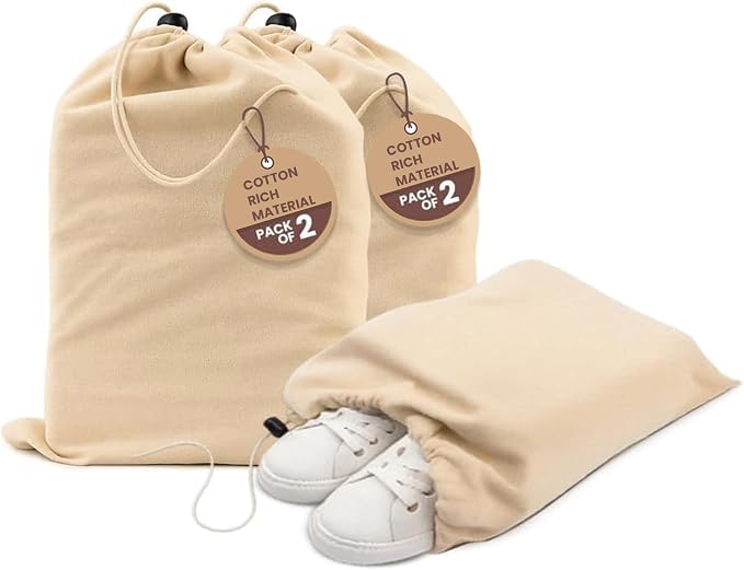 LFH Cotton Rich Shoe Storage Bags with Drawstring, Dustproof Breathable Reusable Organizer, Perfect For Travel, Dorm, Hotel, College, Gym, Easy to Carry, Machine Washable 12"x17" (Pack of 2) - Natural by LFHHomePrivateLimited