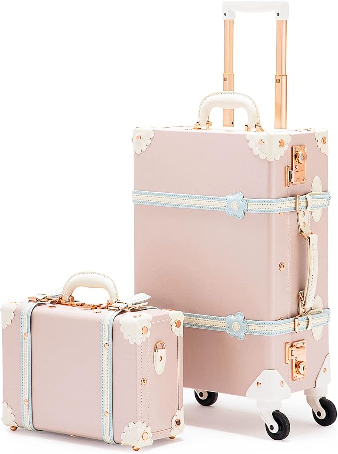 COTRUNKAGE Vintage Luggage Sets for Women, 20" Small Pink Carryon Luggage 2 Piece with Spinner Wheels, 13" Travel Cosmetic Train Case, Cherry Pink by COTRUNKAGE