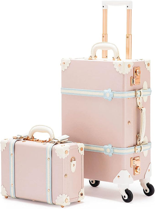 COTRUNKAGE Vintage Luggage Sets for Women, 20" Small Pink Carryon Luggage 2 Piece with Spinner Wheels, 13" Travel Cosmetic Train Case, Cherry Pink by COTRUNKAGE