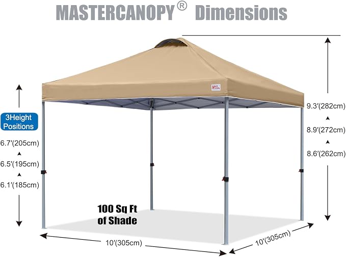 MASTERCANOPY 10x10 Pop Up Canopy Tent, 1 Person Setup Instant Shelter,Outdoor Portable Beach Canopy with Roller Bag, 4 Sandbags, 4 Ropes, 8 Stakes (10x10, Sand) - Image 2