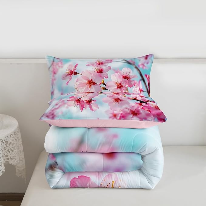 Erosebridal Cherry Blossoms Comforter Set Queen Size, Japanese-Style Floral Duvet Sets, Pink Flower Pattern Bedding Set for Kids Girls Teens Adult Bedroom, Romantic Bedding Comforters - Image 7