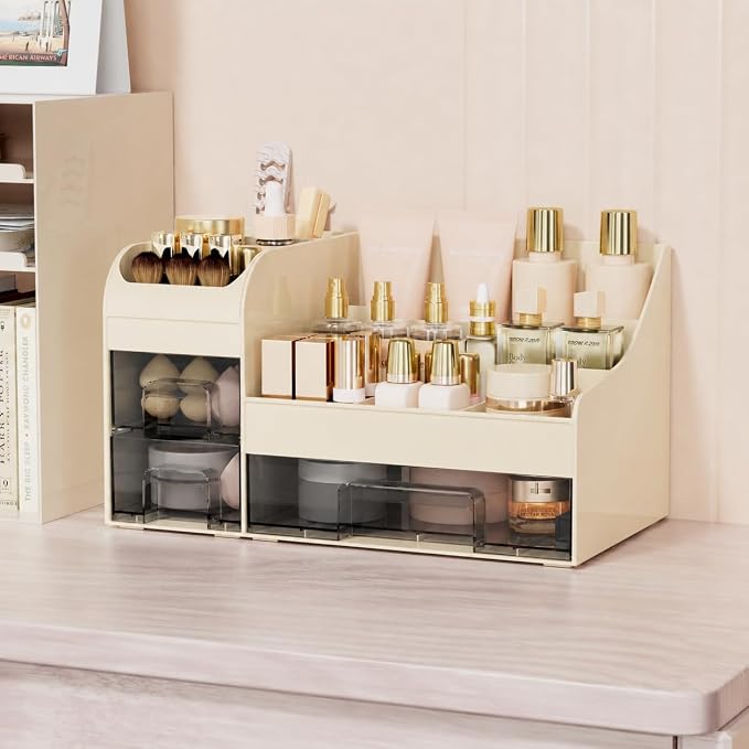 Makeup Organizer with Drawers,Large Cosmetic Storage Box,Countertop Skincare Organizer,ABS Makeup Brush Holder for Bathroom,Desk,Dresser,Multifunctional Beauty Display Case,Cream transparent - Image 3