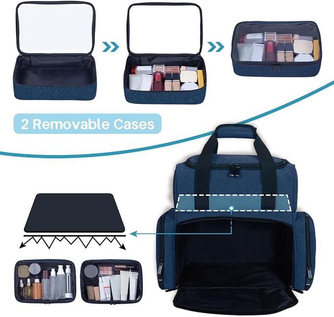 Large Makeup Bag with 2 Removable Case Cosmetic,Blue | Large Makeup Bag with 2 Removable Case Multifunctional Cosmetic Bag Double Layer Travel Toiletry Organizer - Image 4