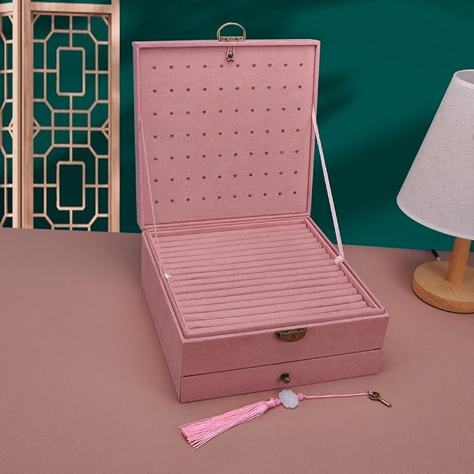 Jewelry Organizer 5 Layers Velvet Square Jewelry Box Women Necklace Ear studs Display Bangles Large Jewelry Storage Case Drawer GY306 (Pink) - Image 5