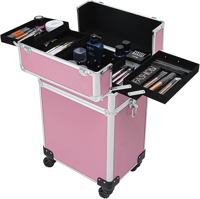 Karl home 4 in 1 Makeup Train Case Rolling Cosmetic Trolley Large Capacity Travel Organizer with Key 360°Swivel Wheels for Beauticians Hairstylists Nail Tech Students, Pink - Image 7
