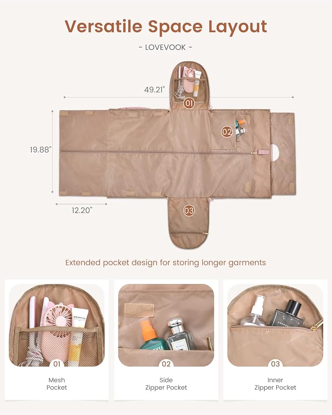 LOVEVOOK Convertible Garment Bag for Travel with Shoe Pouch, Carry On Garment Duffel Bag with Toiletry Bag, 2 in 1 Hanging Suitcase Suit Bag, Weekender Bag for Women Travel, Wedding, Pink - Image 4