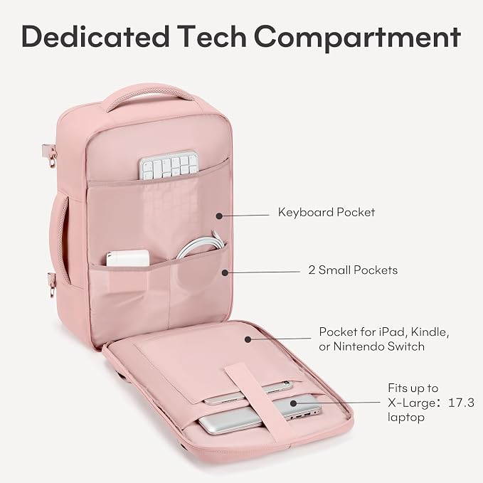 mibasies 40L Travel Backpack for Women & Men: Carry On Luggage Flight Approved, TSA Laptop Backpack with Water Bottle Pocket, Personal Item Bag Fits 17" Laptop for Weekender Business - Pink - Image 5