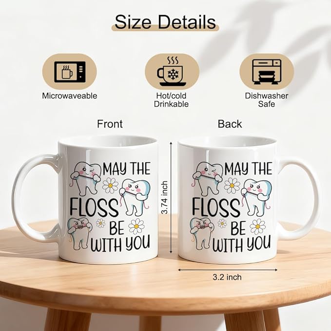 May The Floss Double-Sided Ceramic Mug, Funny Dentist Mug for Men Women, Dental Office Coffee Cup, Thanksgiving Birthday Gifts for Dental Hygienist, Graduation Gifts for Dentist Assistant