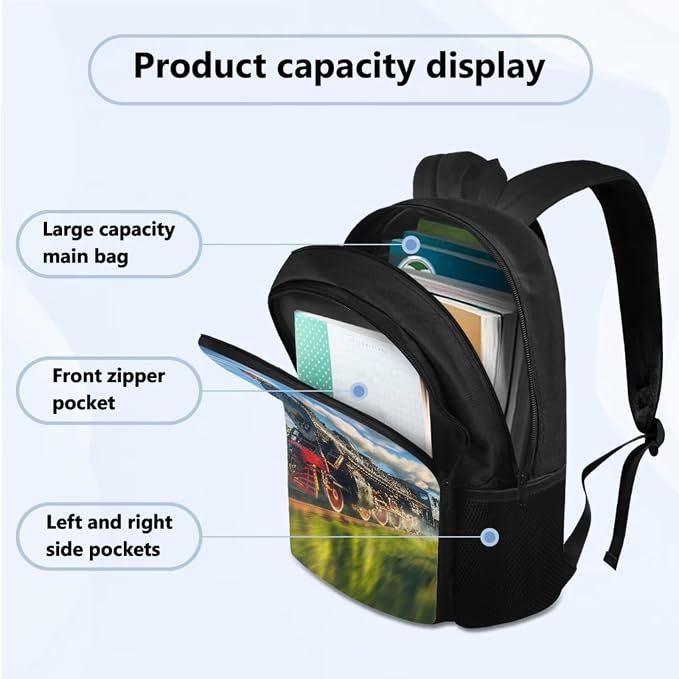 School Backpack Set Include Insulated Lunch Bag and Pencil Box and Water Bottle Bag, Train Print 4 Pcs School Bookbag Outdoor Travel Bags Casual Daypack for Teens Kids - Image 2