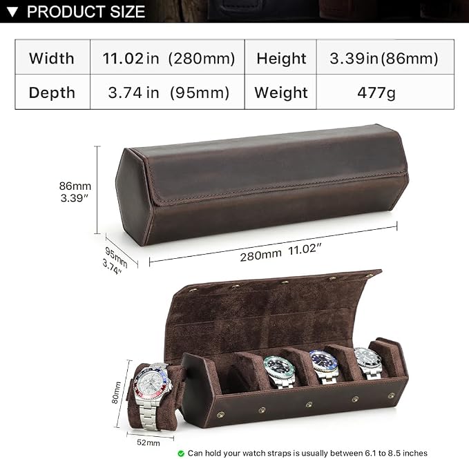 Hiram Genuine Leather Hexagon Watch Roll Travel Case, Leather 4-Watches Roll Case with Removable Pillow Cushion for Treasured Watches and Bracelets - Image 3