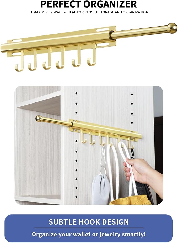 BaiNong Valet Rod for Closets Pull Out 16.5" Gold with 6 Hooks | Closet Valet Rod Slide Out for Closets, Laundry Rooms, RVs Space-Saving - Image 2