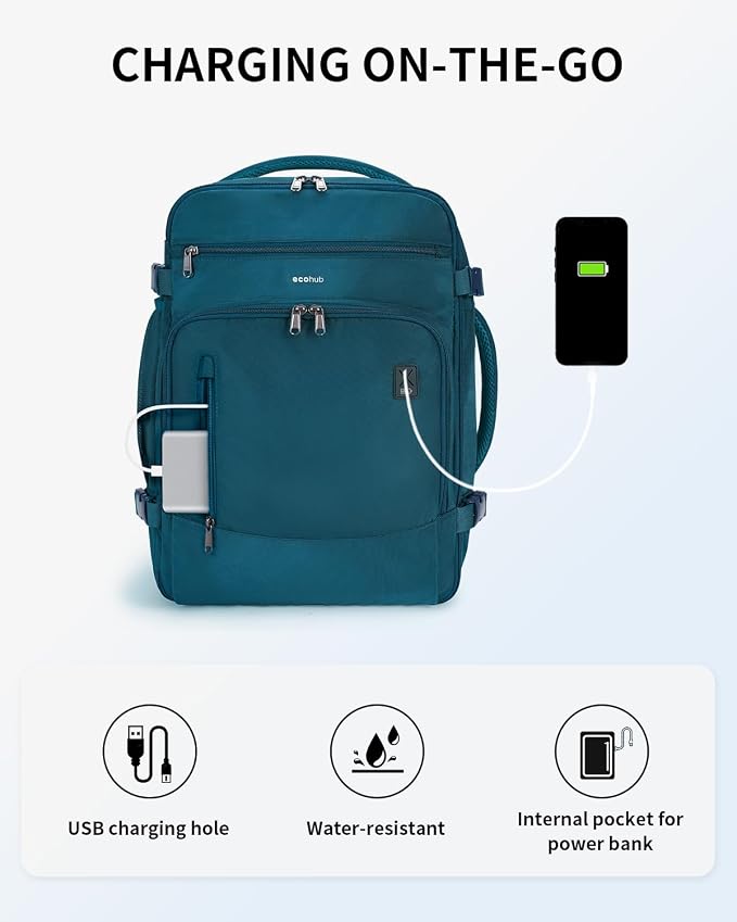 ECOHUB Travel Backpack for Men, 18x14x8 Frontier Airlines Personal Item Bag with Clear Toiletry Bag, Laptop Carry on Backpack with USB Port, Airline Approved Under Seat 14 Pockets, Blue Green - Image 7