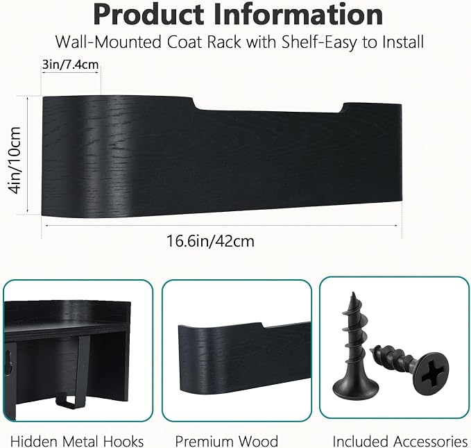 Coat Rack Wall Mount with Shelf 4 Hidden Hooks Modern Wooden Key Holder Entryway Organizer for Hallway Bedroom Bathroom Home Decor Storage for Hanging Coats Hats Bags Towels, Black - Image 3