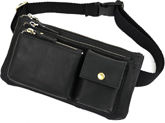 Water Resistant Canvas + Leather Hiking Riding Travel Fanny Waist Pack Small Phone Pouch For Men Women FB811-29 (100% Leather-Thick Black) by Handadsume