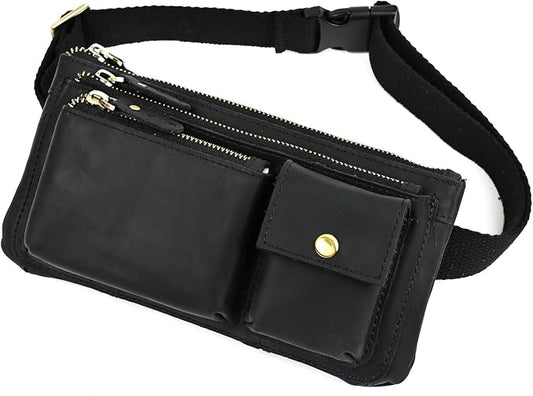 Water Resistant Canvas + Leather Hiking Riding Travel Fanny Waist Pack Small Phone Pouch For Men Women FB811-29 (100% Leather-Thick Black) by Handadsume