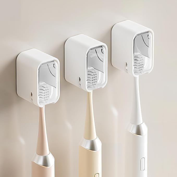 Wall Mounted Toothbrush Holders for Bathroom,Strong Self Adhesive Tooth Brush Holder with Cover, Toothbrush Heads Organizer for Family, 3 Pcs Clear White by Unknown