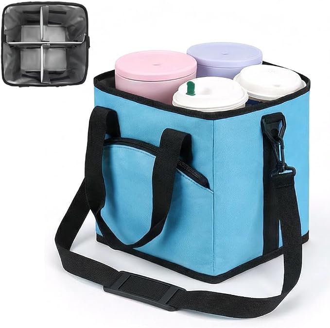 Family Size 4 Compartment Drink Bag, Reusable Drink Carrier with Handle Insulated, Collapsible 4-Cup Beverage Bag with No-Spill Base, Adjustable Dividers & Shoulder Strap, Portable Caddy by BNGXR