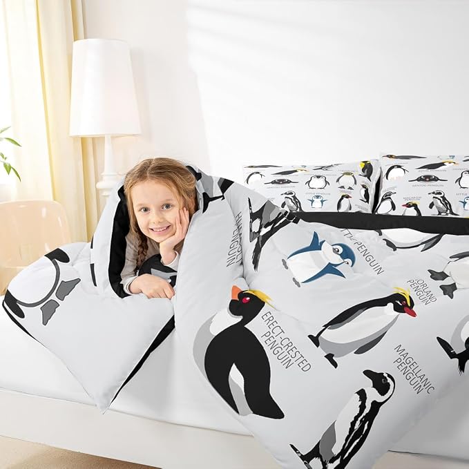 Erosebridal Penguin Comforter Set King Size,Black White Penguins Bedding Set Cute Animal Down Comforter for Kids Boys Girls Teens,Wildlife Grey Bedding Quilted Sets with 2 Pillow Cases Bedroom Decor - Image 5