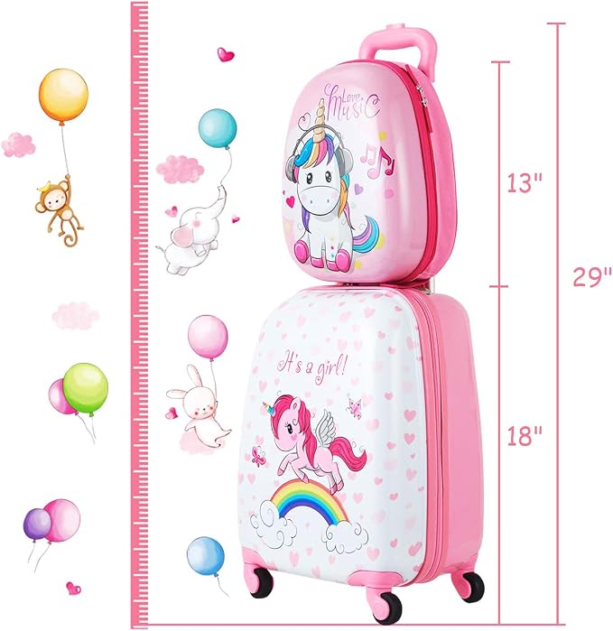 HONEY JOY 2 Pcs Kids Carry On Luggage, 12" School Backpack & 16" Rolling Suitcase, Waterproof Hard Shell Travel Case with Spinner Wheels, Gift for Boys Girls Overnight Travel, Pink Unicorn - Image 8