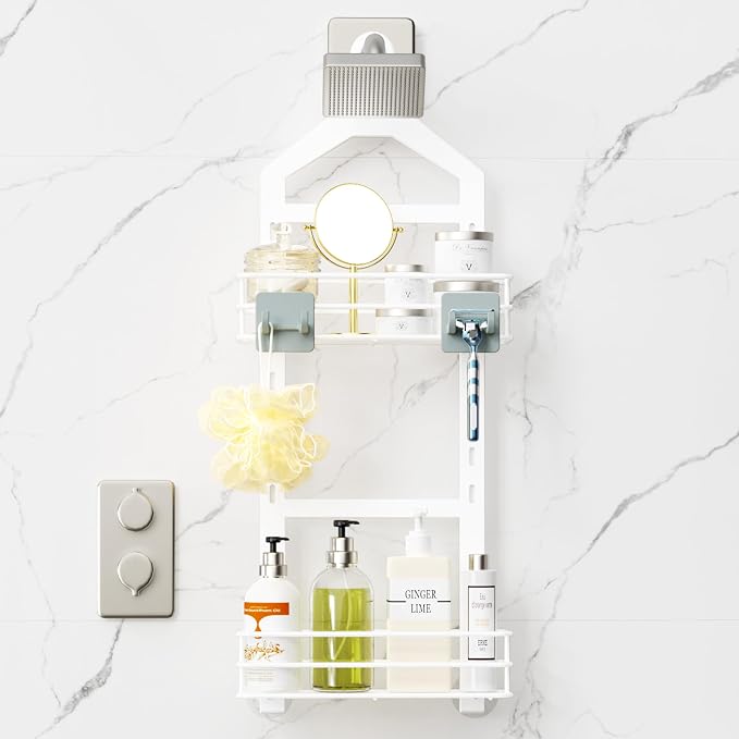 Orimade Adjustable Anti-slip Shower Caddy over Shower Head, Rustproof Bathroom Hanging Shower Organizer with 2 Hooks for Razor, No Drilling Shelves Storage Rack 2 Tier, White - Image 2