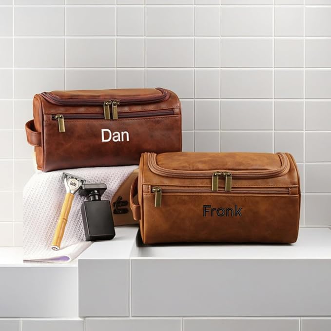GOPHIE Personalized Embroidered Men's Leather Toiletry Bag,Travel Toiletry Bag for Men,PU Leather Waterproof Travel Shaving Dopp Kit (3, Light Brown) - Image 5