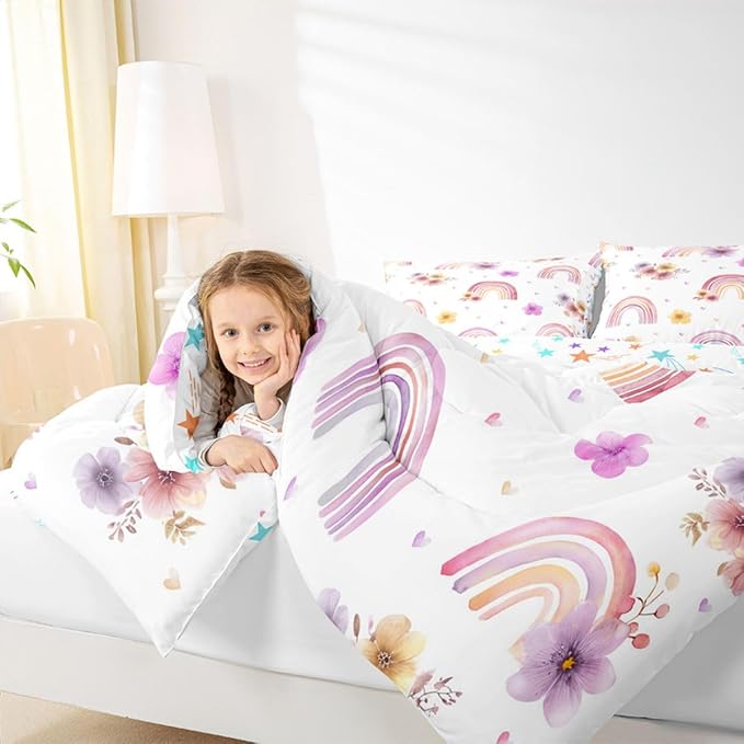 Girls Rainbow Comforter Set King, Flower Petal Bedding Set For Kids Children Women, Rainbow Stripes Floral Duvet Insert Hand Drawn Iridescent Bedding Comforters With 2 Pillow Cases, Colorful - Image 6