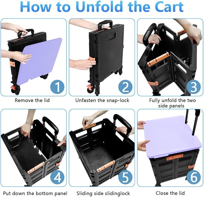 FELICON SELORSS Foldable Utility Cart Folding Portable Rolling Crate-Purple | Heavy Duty,Telescoping Handle,4 Rotate Wheels,Collapsible Handcart for Travel Shop Move Luggage Laundry Teacher Office Use - Image 4