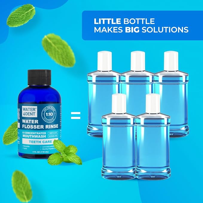 | Water Flosser Rinse, IRRIGANT, Concentrate Mouthwash | When dilluted1:10 = 44 fl.oz, Travel Size, Add to Oral irrigator, Mint Flavor, Alcohol & Fluoride Free. Made in USA | 4 fl.oz