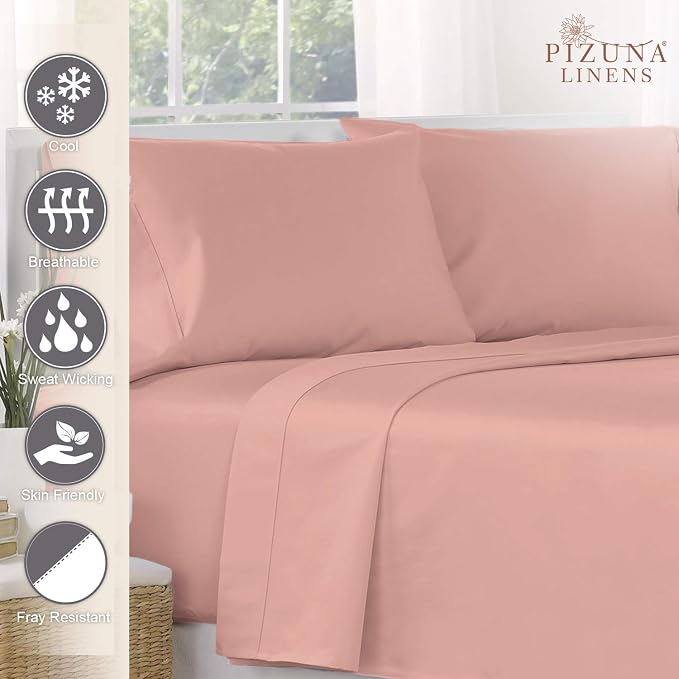 Pizuna Pure 100% Cotton Flat Sheets Only King Pale Rose Pink (1 PC), Luxurious 400 Thread Count Long Staple Cotton Sateen with 4" Hem (Combed King Flat Sheet Only Cotton) - Image 2