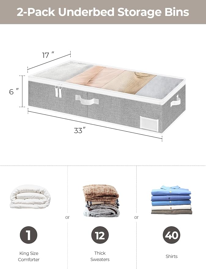 StorageWorks Large Under Bed Storage Containers with Handles and Label Holder, 2 Pack Ultra-thick Fabric Underbed Bins, Closet Organizer for Clothes, Blankets, Sweater - Image 2