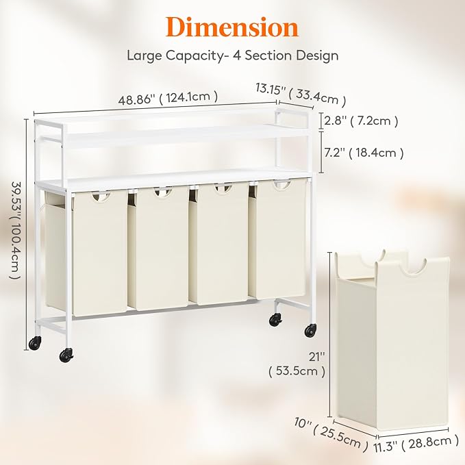 Lifewit Laundry Hamper 4 Section, 168L Pull out Laundry Clothes Basket Organizer with Large Top Shelf and 4 Removable Bags and Handles for Laundry Room Bedroom Bathroom, White with Shelves and Wheels - Image 3