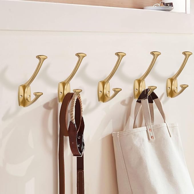 2 Pack Brushed Gold Hooks Decorative Heavy Duty Solid Large Coat Hooks for Towel Hanging Coats Robe Wall Mounted Towel Bags Door Back Bathroom Wall Hook. - Image 5