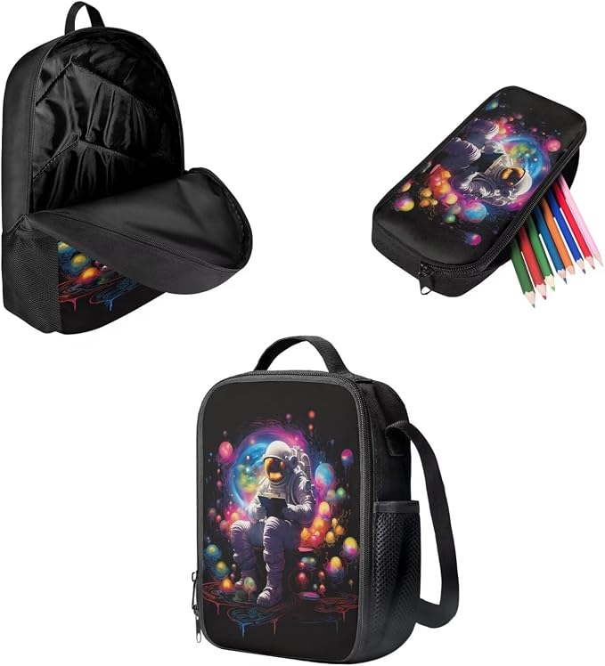 Mumeson Colorful Bubble Astronaut Backpacks Big Capacity Bookbag School Bags Set Portable Insulated Lunch Bag with Side Mesh Pocket Small Pencil Case Back to School Supplies 3 Pack Set - Image 2