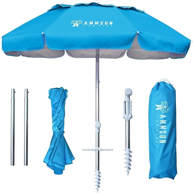 AMMSUN 6ft Folded Portable Travel Beach Umbrella with Sand Anchor Tilt Air vent UPF 50+UV Protection Fit In Suitcase Compact Foldable Telescopic umbrellas for Patio Garden Beach Pool Sky Blue by AMMSUN
