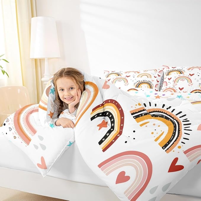 Rainbow Comforter Set King For Girls, Red Love Heart Kawaii Bedding Set Bohemian Exotic Quilt Hand Drawn Iridescent Down Comforter For Kids Boys Children Teens Women Bedroom Decor, Colorful - Image 6