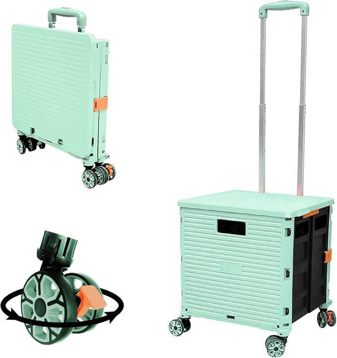 Foldable Utility Cart Portable Rolling Crate Handcart Shopping Trolley Collapsible 4 Rotate Wheels with Durable Heavy Duty Plastic Telescoping Handle for Travel Shopping Moving Storage Office Use by FELICON