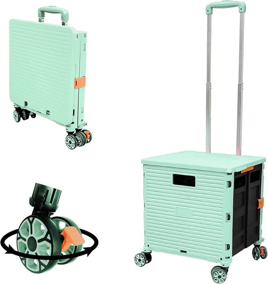 Foldable Utility Cart Portable Rolling Crate Handcart Shopping Trolley Collapsible 4 Rotate Wheels with Durable Heavy Duty Plastic Telescoping Handle for Travel Shopping Moving Storage Office Use by FELICON