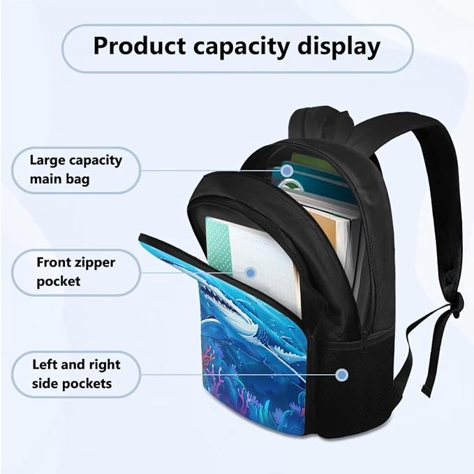 Backpack for Boys with Reusable Lunch Bag Pencil Bag Water Bottle Sling for School, Sea Shark Double Zipper Students Schoolbag Bookbag Elementary Middle School Rucksack - Image 2
