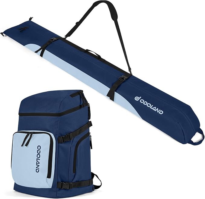 Odoland Ski Bag and Boot Bag Combo, Padded Ski Bags for Air Travel, Snow Ski bags Fit Ski Up to 200cm, Waterproof Double Bag for Storage, Transport Ski Gear by Odoland