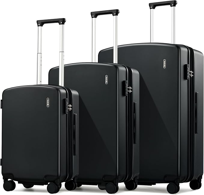 Hanke Expandable Hard Shell Luggage Sets 3 Pieces, 20/24 / 28 Inch Luggage Sets with Spinner Wheels, Durable PC Hardside Rolling Suitcase with TSA Lock for Travel (20/24/28 Inch, Jet Black) by Hanke