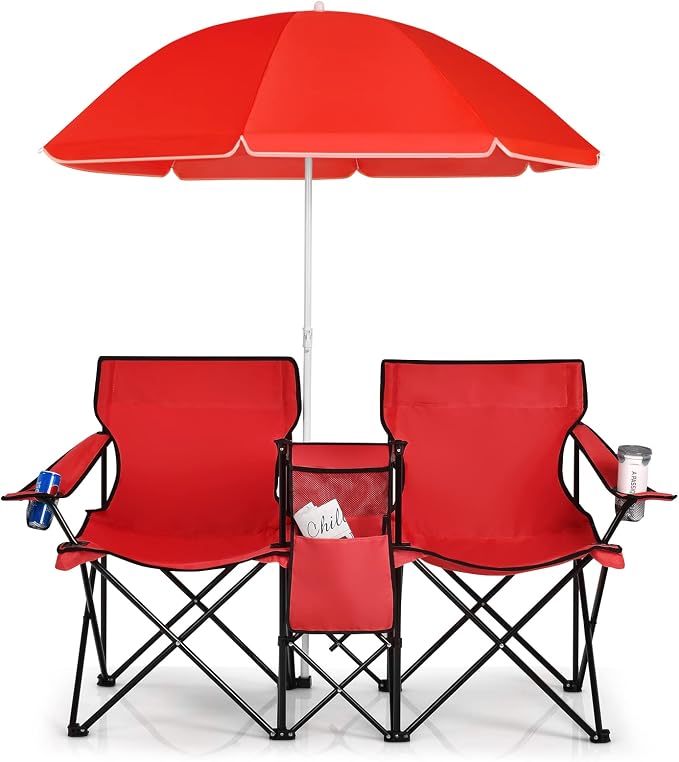 Goplus Double Camping Chair with Umbrella, Folding Loveseat Chairs w/Canopy Shade, Carrying Bag, Table, Cup Holder, Portable Beach Chairs Outdoor Picnic Patio (Red) by Goplus
