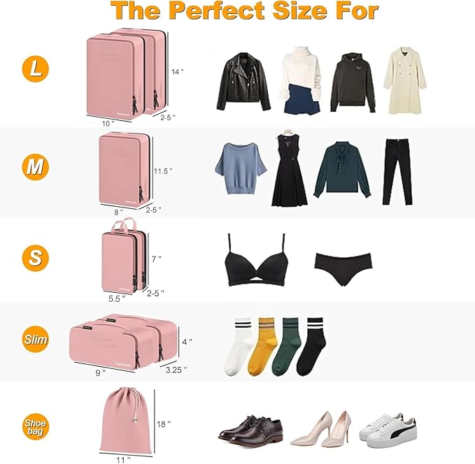 8 Set Compression Packing Cubes for Travel, Waterproof Luggage Organizers, Suitcase Organizer Set for Carry-On & Checked Baggage, Travel Accessories for Men & Women